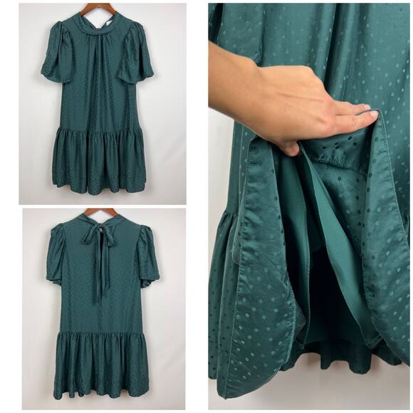 Tanya Taylor Green Swiss Dot Tiered Mini Dress Flutter Sleeves Pockets Size M - Picture 6 of 10